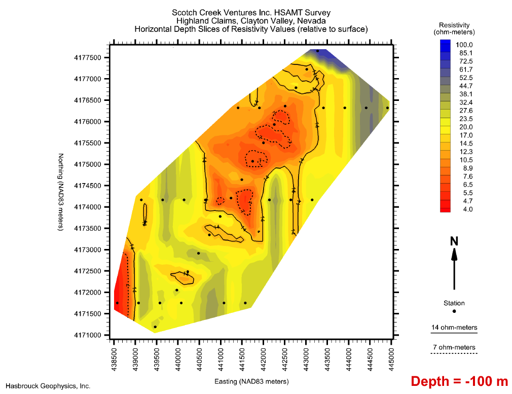H7 Figure 9 — Horizontal Depth Slice of Resistivity Values @ 100 Meters Depth